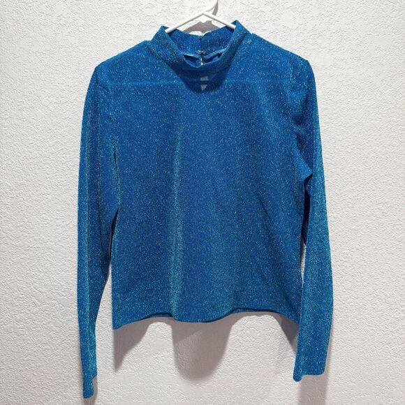 NWT TOPSHOP BLUE METALLIC GLITTER FUNNEL NECK TOP Women’s US 12 LONG SLEEVE - Picture 2 of 10